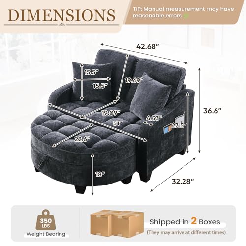 Image of Oversized Chair and A Half, Chenille Tufting Accent Cozy Reading Sofa Chair with Storage Ottoman, Upholstered Loveseat Chaise Lounge Sofa with Adjustable Back for Living Room, Office, Sunroom, Black
