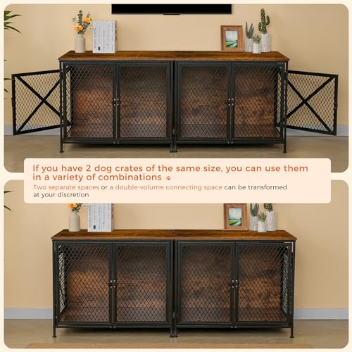 Image of Dog Crate, 25 inch L, Three-Door Kennel Expansion, Dog Furniture House Now Up to Large Dog, Rustic Brown