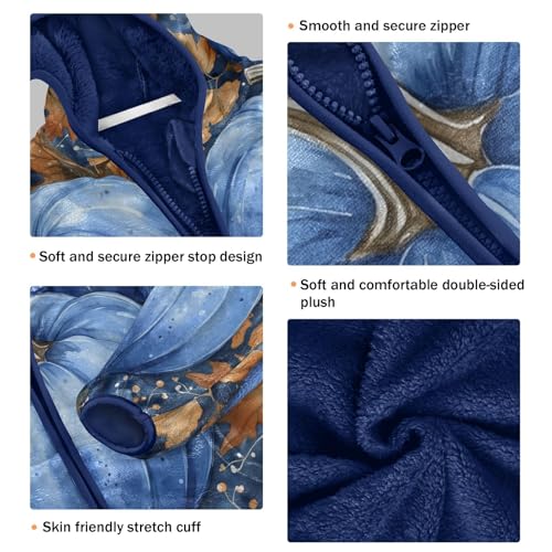 Blue Pumpkins with Autumn Leaves Toddler Fleece Jacket Girl Boys Hooded Fleece Jacket Coat Warm Outwear Zip-up 3-10T3