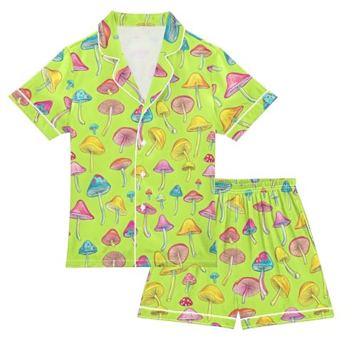 Blue Pink Yellow Mushrooms Pajamas Sets Short Sleeve Silk Stain Pjs Button Down Sleepwear for 5-14Y