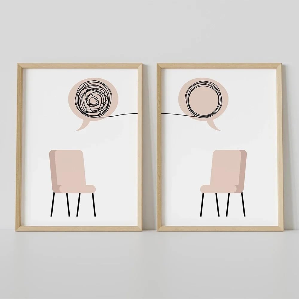 AmNooL Silla de arte de pared abstracta minimalista moderna cartel de pintura al óleo de lienzo de globo y psicólogo de grabado Therapy decora sin marco-40x50cmX2