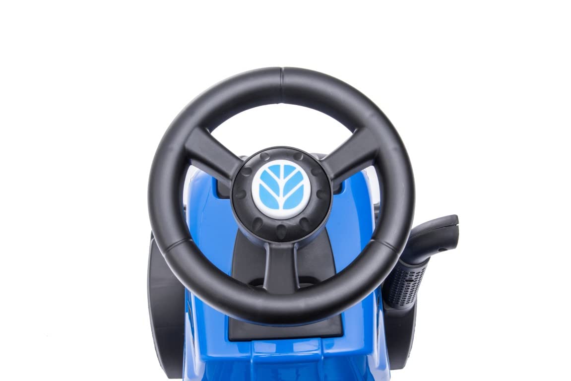 sun baby Macchinina Cavalcabile per Bambini licenza New Holland, Macchina a spinta da 12 mesi, licenza, pala e rastrello, clacson, suono del motore (Blu)