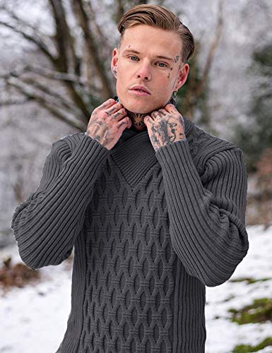 Coofandy Men's Shawl Collar V-Neck Sweaters Cable Knit Casual Pullover Jumpers (Dark Grey L) #TOP2