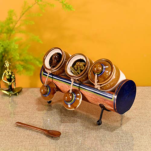 Image of AAKRITI ART CREATIONS Chatore Barni Set of 3 with Stylish Tubular Stand | Glass Achar ki Barni & Mukhwas Box | Modern Art Kitchen Storage Jar for Spice & Pickle | Traditional Achaar Barni for Kitchen