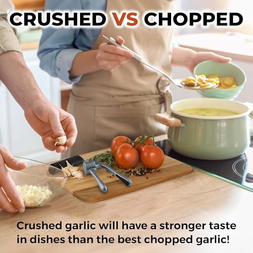Image of Zulay Kitchen Large Premium Garlic Press Set - Bigger Bowl for Bigger Garlic - Rust Proof Garlic Mincer Tool - Easy-Squeeze, Easy-Clean Silicone Garlic Peeler & Brush (Slate)