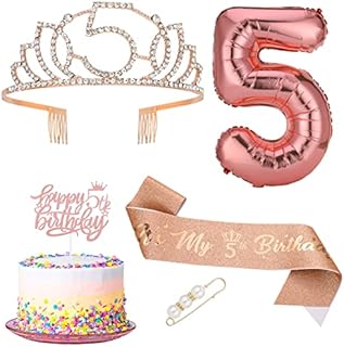 Heyu-Lotus 5th Birthday Sash and Tiara,5th Crown It's My 5th Birthday Sash Foil Number 5 Balloon Happy Birthday Cake Topper for Girls Birthday Gifts Party Decorations Supplies