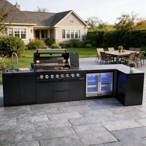 157-Inch 6-Burner Propane Gas Outdoor Grill Island, 96000 BTU 304 SS BBQ with 140L Wine Cooler, Rotisserie, Granite Countertops for Patio Backyard BBQ, Black