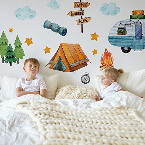Yovkky Camping Tent Camper Kids Room Wall Decals Stickers, Neutral Outdoor Picnic Rv Bonfire Nursery Playroom Decor, Pine Trees Cloud Stars Girls Boys Bedroom Home Classroom Decorations Art #TOP3