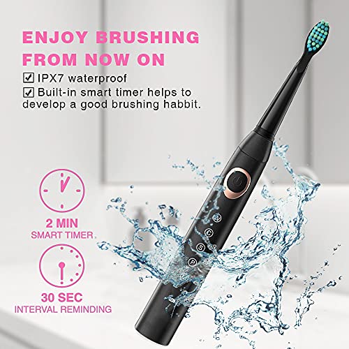 Dnsly Electric Toothbrush 2 Pack For Kids 8-12, Power Rechargeable Electric Toothbrush Last For 30 Days , 10 Brush Heads, 2 Minute Timer , Ultrasonic Black And Pink #TOP3