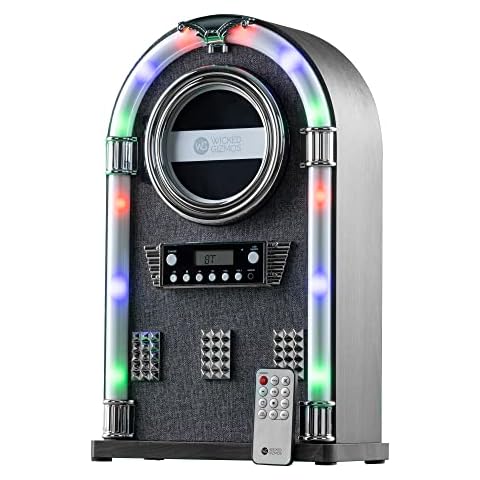 Wicked Gizmos Jukebox Entertainment Centre with Bluetooth, CD Player and Radio with Colourful LED Lighting and Fabric Front (Grey Fabric) Cover