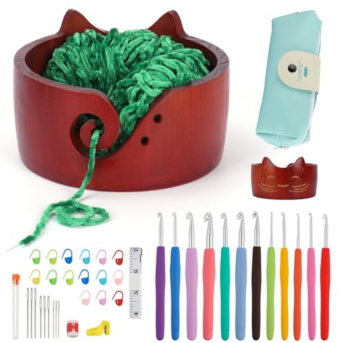 Image of XIEJ Cat Yarn Holder Set, 7 X 4inch Wooden Cat Yarn Bowl for Crocheting, Knitting Bowl with Crochet Hooks Knitting Tools for Crocheters Knitters Craft（Vintage Color）