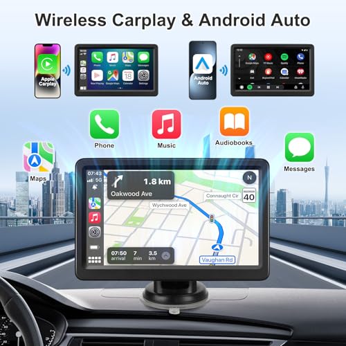 Carplay Screen for Car, 7" Wireless Carplay & Android Auto, Portable HD Touchscreen with Mirror Link, GPS Navigation, Voice Control, Hands-Free Calling, Bluetooth/AUX/FM, Plug & Play Car Play Screen - view 1