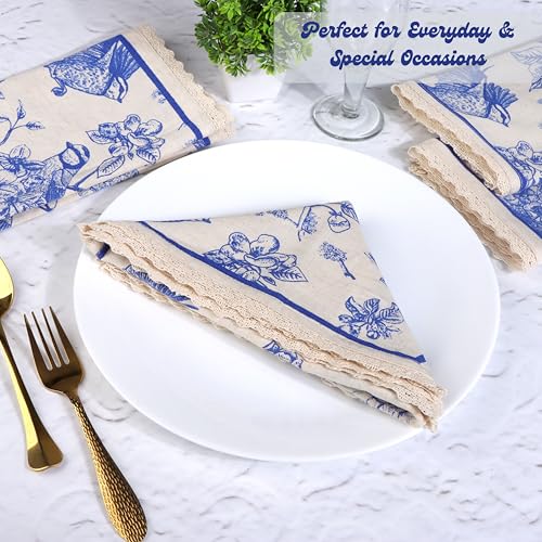 Image of FINGERCRAFT Cotton Linen Blend Table Napkins Set of 6, 20x20 Inch Blue Bird Print Cloth Napkins with Classic Lace Border, Reusable Washable Dinner Napkins for Kitchen Party Restaurants (Toile Blue)