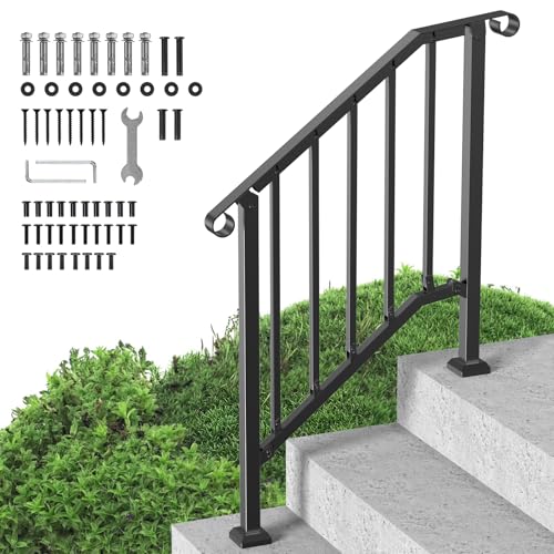 VEVOR Handrails for Outdoor Steps, 2 Step Stair Hand Rail Kit, Transitional Carbon Steel Railings with Installation Kit, Stair Rails for Seniors, Concrete Steps & Porch & Deck, Black Retro Arch