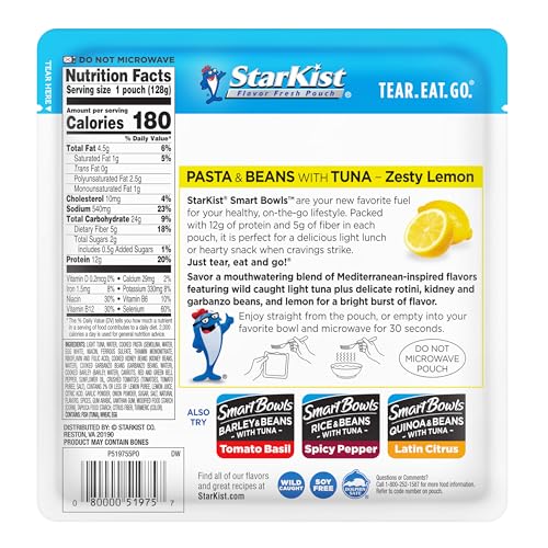 Image of StarKist Smart Bowls Zesty Lemon, 4.5 oz Pouch (Pack of 12) - Features Pasta & Beans with Wild Caught Light Tuna