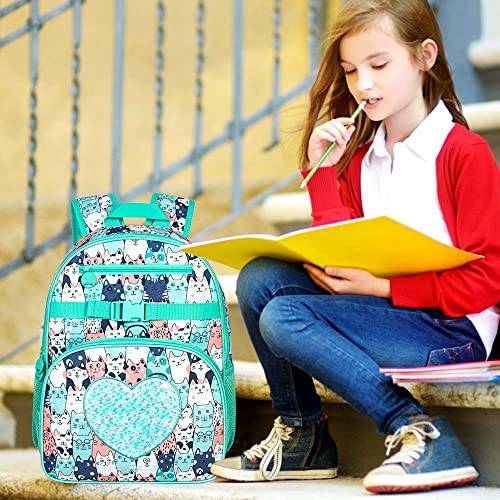 Ftjcf 3Pcs Backpack For Girls, 16" Cute Cat Sequins Kids Bookbag With Lunch Box, Elementary Preschool Kindergarten School Bag Set - Green #TOP6