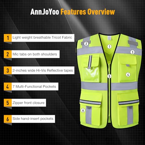 Image of Class 2 Safety Vest with Zipper Front and multiple Pockets, High Visibility Vest, Meets ANSI /ISEA Standards