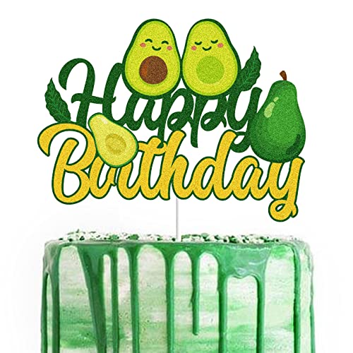 Happy Birthday Avocado Cake Topper - Green Glitter Summer Fiesta Fruit Cake Decoration - Holy Guacamole Theme Party Supplies