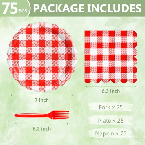 Image of Mulbozy 75 Red Gingham Paper Plates and Napkins Disposable for Picnic,7in