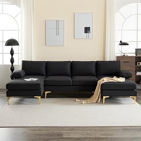 Veryke Modern U Shaped Sectional Sofa Couch for Living Room, 110'' Linen Fabric Couch Sofa, Upholstered Sofa Bed with Golden Metal Legs for Home Office, Linen Black (VRYSEC-NEW23) Cover