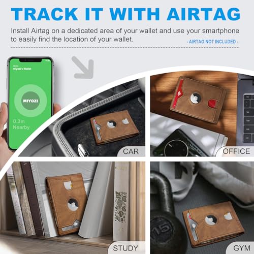 Image of miyozi AirTag Wallet for Men, Slim Leather Bifold with Holder Slot, 2 ID Windows & 13 Card Slots, RFID Blocking Front Pocket Wallet with Gift Box