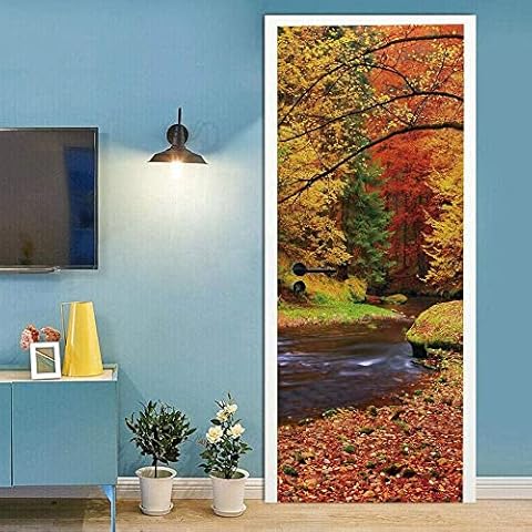 3D Autumn Forest River Door Sticker Cover