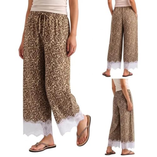 Qaezyco Leopard Pants,Lace Trim Pants Women Wide Leg Waisted Drawstring Corduroy Pant Boho Polka Dot Striped Causal Beach Trousers(01_Brown,Large) - image 4