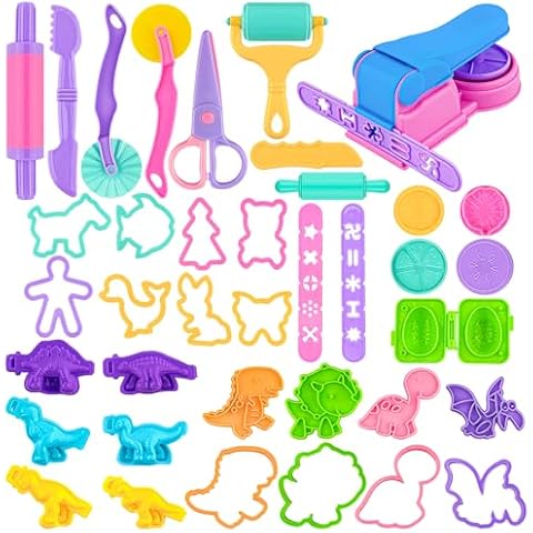 Oun Nana Playdough Tools Pastel Plastic Playdough Toys for Kids, Playdough Accessories with Pizza Cutter, Safety Scissors, Rolling Pin, Roller, Pasta Press, Animal Cutter, Dinosaur Mold, Fruit Stamp Cover