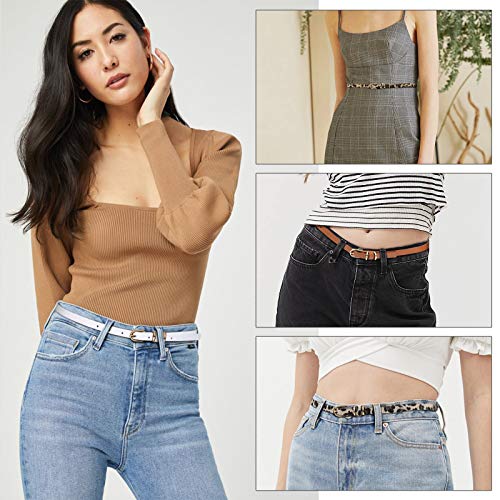 JASGOOD 5 Pack Women Skinny Faux Leather Leopard Jeans Belt Ladies Slim Waist Belt for Dress with Gold Buckle4