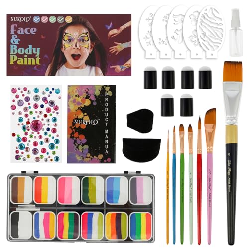 FALESOUL Face Painting Kit for Kids Party, 12 Colors Face Paint Kit with Stencils Professional, Water Based Facepaints Makeup Palette with Brush Set for School Carnival, Halloween, Christmas Party