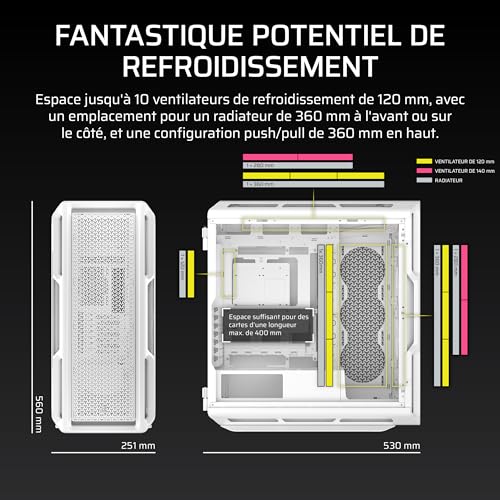Corsair 5000T Boîtier PC ATX de Taille Moyenne – Panneaux Amovibles de Circulation d'air à l'avant et sur Le Toit, Intérieur Spacieux, ASUS BTF, MSI Project Zero, Gigabyte Project Stealth – Blanc