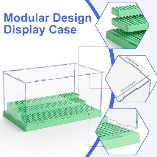 Image of Mlikero Display Case for Minifigures Action Figures Blocks, Clear Acrylic Minifigure Display Case Box Storage, Dustproof Showcase with 3 Movable Steps Gift for Kids, Green