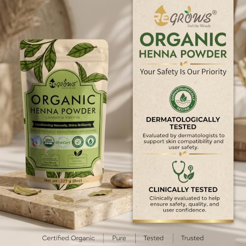 Image of ReGrows 100% Certified ORGANIC HENNA powder | Dermatologically and Clinically Lab Tested Henna Powder | USDA ONECERT Certified | GI Tagged Henna directly from farm Hair Color and Hair Care for Men and Women | Henna with Brush, Gloves, Shower cap | Mehndi powder | (227gm)