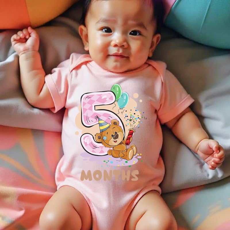 Image of Knitroot Monthly Birthday Teddy Special, Newborn Baby Half Sleeve Unisex Romper, Onesies, Sleepsuit, Body Suit, Envelope Neck, 1 to 12 Months Print, 0-12 Months, Infant Cloth for Boys & Girls