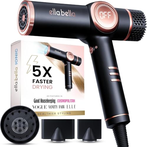 ELLA BELLA® Professional Ionic Hair Dryer with Diffuser • Negative Ion Blow Dryer • Suitable All Hair Types • Intelligent Heat Control & Rapid Drying Speeds • Lightweight Design • Low Noise Technology
