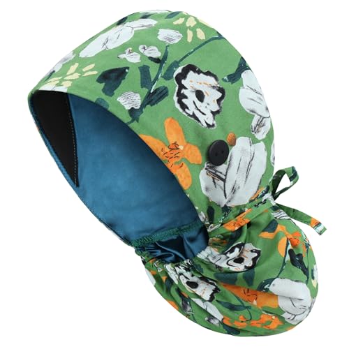 Satin Lined Adjustable Scrub Cap with Ponytail Pocket, Nurse Hat with Sweatband &amp; Buttons, Soft and Wrinkle-Resistant Surgical Cap for Long Hours in Hospital, Kitchen, Salon, or Lab