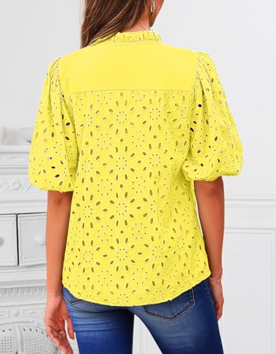 BETTE BOUTIK Women's Long Short Sleeve Tops 2025 Dressy Casual Button Hollow Out Lace Embroidered Blouses Shirts