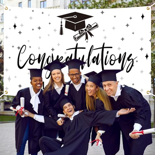 Image of Congratulations Class of 2025 Backdrop, Black & White 2025 Grad Photo Backdrop, High School College Graduation Classroom Banner, Congrats Grad 2025 Graduation Party Decorations, 5.9 * 3.6Ft