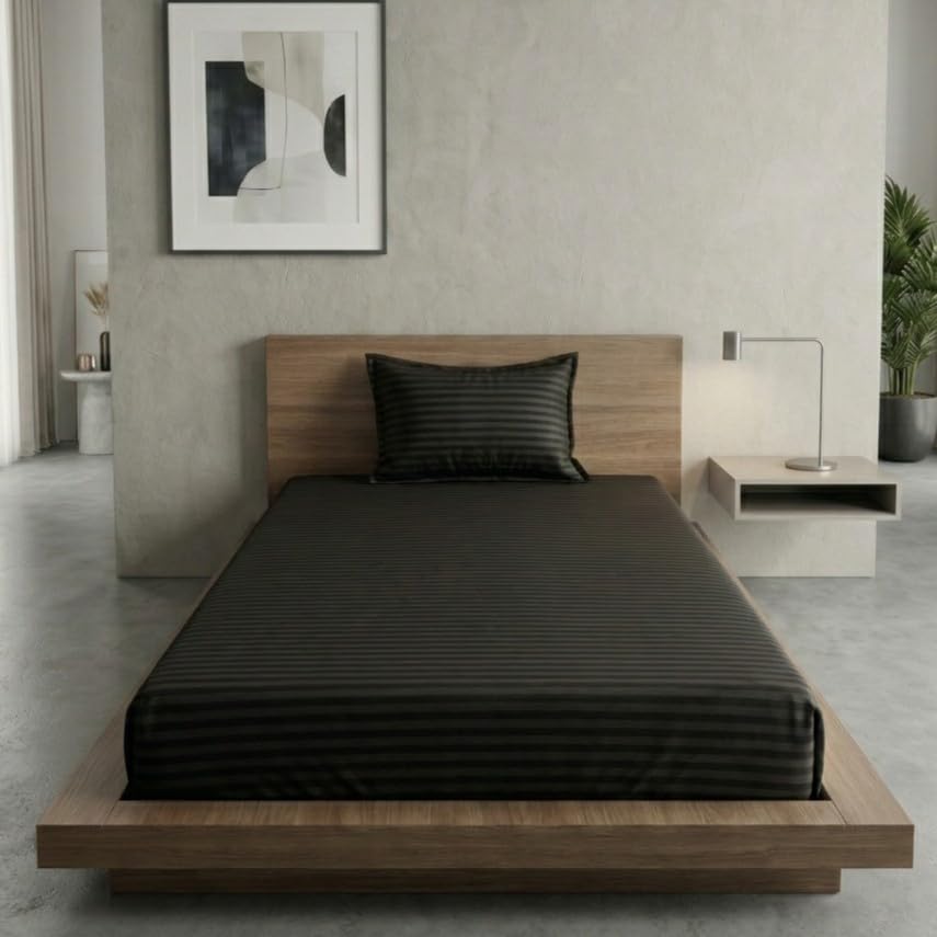 Image of Home Sizzler Microfibre Black Satin Stripe Elasticated Fitted Single Bedsheet (72x36 Inches) with 1 Pillow Cover