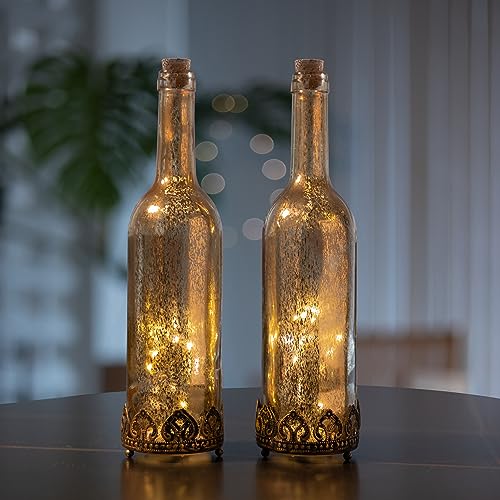 Jinfa Set de 2 Faroles con luces LED a pilas lámpara de ambiente | Color oro | Botella | Ø 8cm × H 30cm