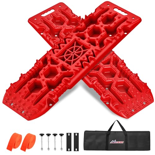 Nilight Recovery Off-road Traction Boards with Jack Lift Base Emergency Tire Ladder Mats For 4WD 4X4 Mud Sand Snow with 2PCS Mounting kit Carry Bag 2 leashes (Red)