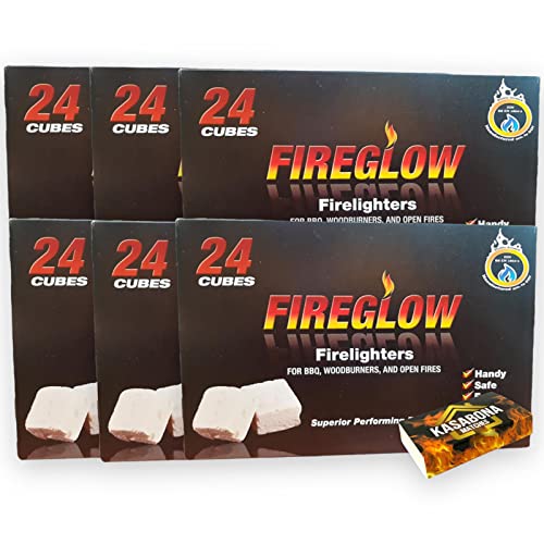 Fireglow Firelighters Bulk Pack - Hotspot Burners for BBQ, Coal & Wood with KasaBona Safety Matches - 144 Firelighters