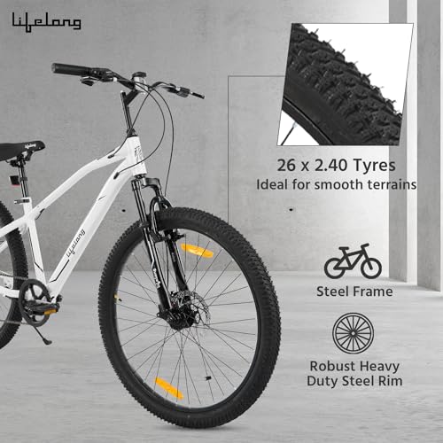 Image of Lifelong Gear Cycle for Men & Women MTB 26T with Dual Disc Brake - MultiSpeed 7-Gear Bicycle - Front Suspension Fork - Mountain Bike Ideal for 15 Years + Adults Upto Height 5 ft 5 inches (White)
