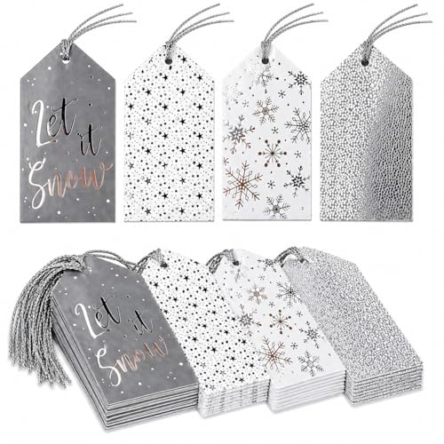 20 Luxury Silver Christmas Tags with Foil Design 11.5 x 6.2cm Snowflake & Star Patterns Pre-Attached Silver Strings Premium Holiday Present Tags for Xmas Wrapping & Gift Bags