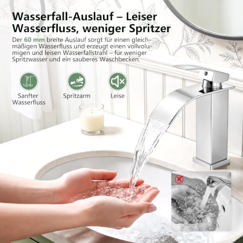 HOMELODY Wasserhahn Bad Chrom, Bleifreie Wasserfall Waschtischarmatur Bad – Ansicht 3