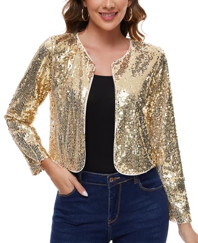 Image of MINTLIMIT Women's Sequin Jacket Long Sleeve Open Front Sparkly Shrugs Glitter Cropped Bolero Cardigans