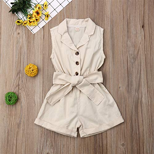 Rtnnsbbfcm Toddler Baby Girl Turn Down Collar Romper Bodysuit with Belt Buttons Solid One Piece Jumpsuit Outfit Clothes (Beige,4-5T) - Thumbnail 3