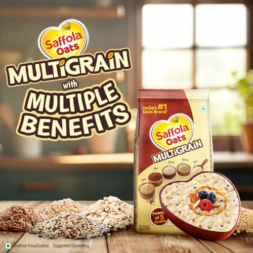 Image of Saffola Oats Multigrain | 480g | 5 Super Grains-Rolled Oats, Ragi, Quinoa, Jowar, Barley | Helps Reduce Cholesterol, Helps Manages Weight, Reduce Risk of High BP, Aids Digestion (Pack of 3)