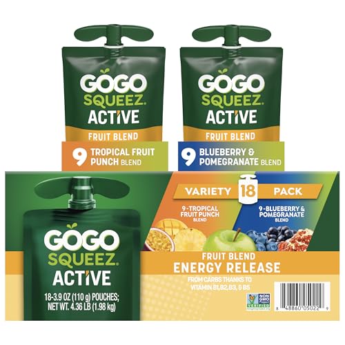 GoGo squeeZ Active Fruit Blend Energy Release | 18-Count Variety Pack | Tropical Fruit Punch and Blueberry & Pomegranate | Made with Real Fruit and B Vitamins