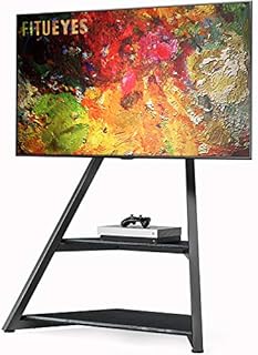FITUEYES Design Floor TV Stand for 43-75 Inch TVs Artistic Eiffel Series Cantilever Modern TV Stand with Open Wooden Storage Shelves Cable Management Black